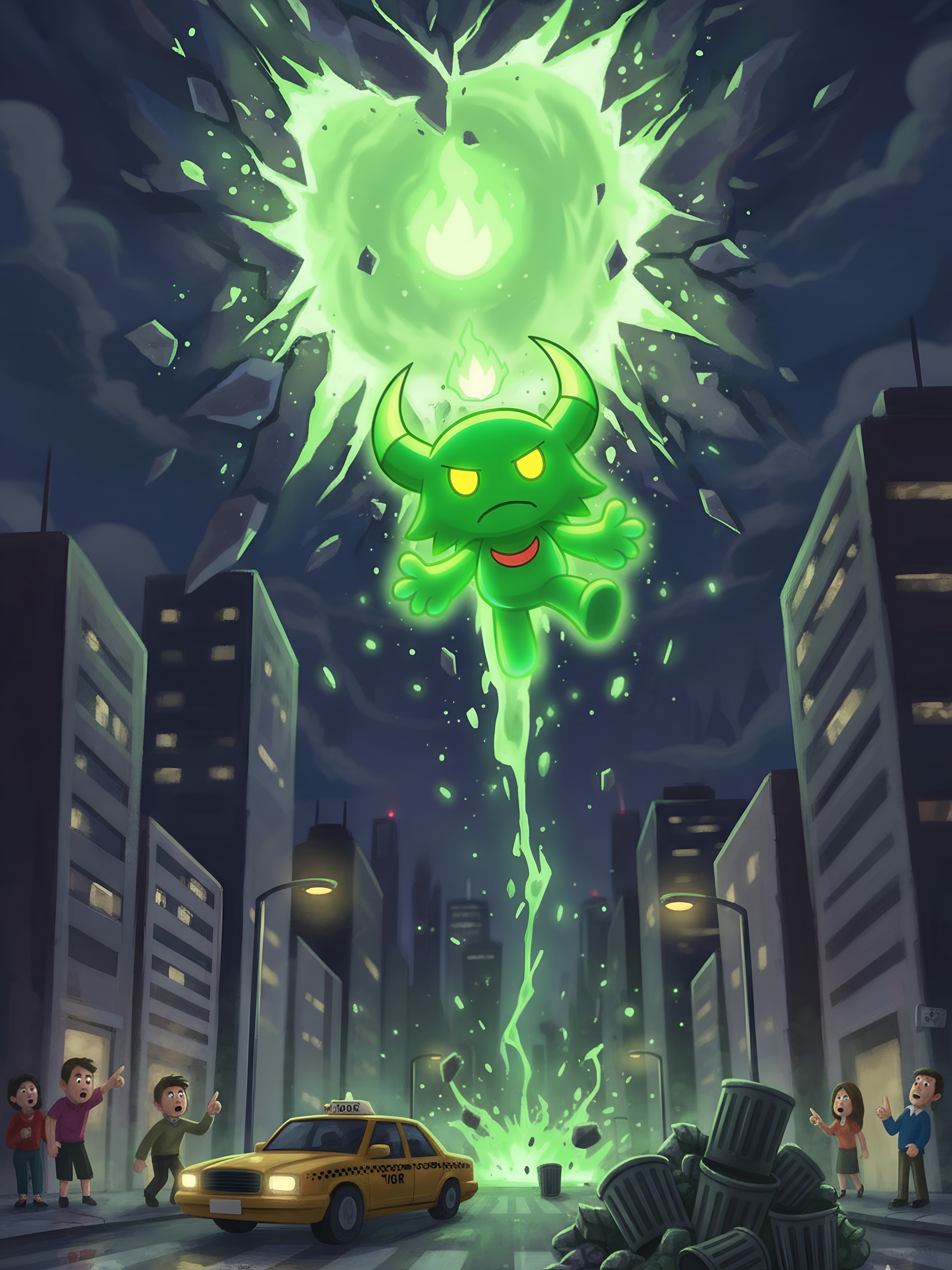 A glowing green menace with horns